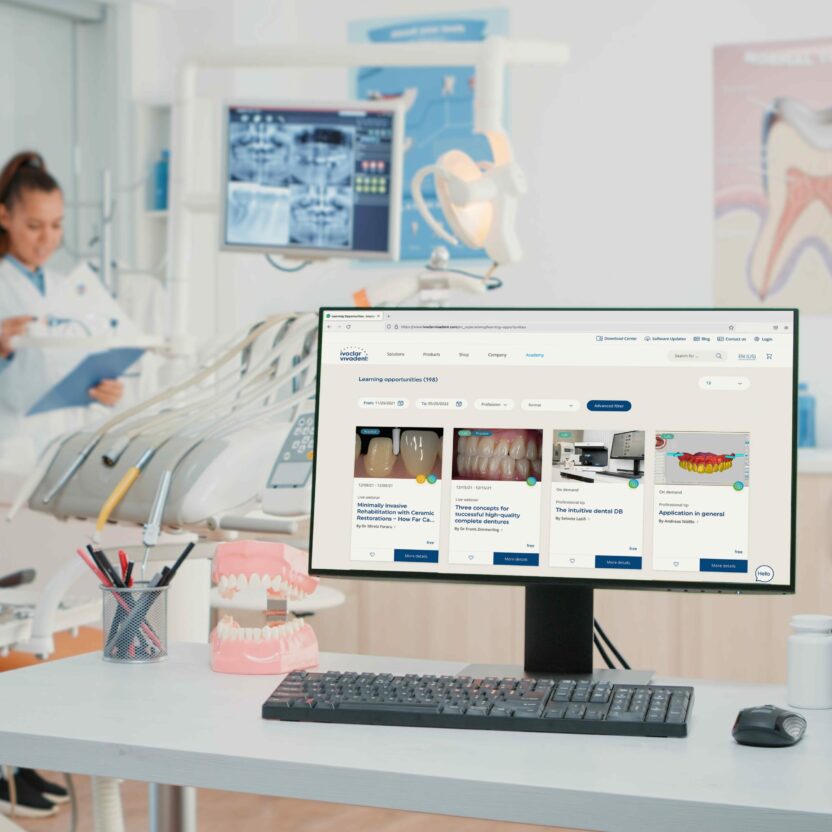Picture of a dental practice with a screen and the Ivoclar Vivadent platform