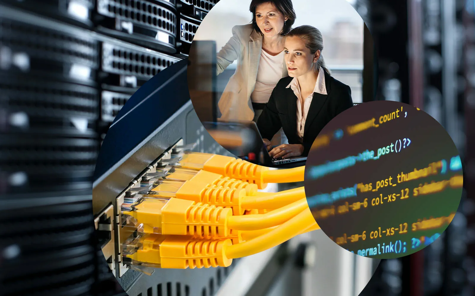 Bild von Kabeln und Codes auf einem Bildschirm, daneben zwei Frauen vor einem Computer; Darknet-Monitoring