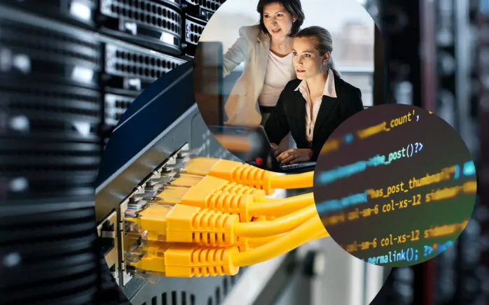 Bild von Kabeln und Codes auf einem Bildschirm, daneben zwei Frauen vor einem Computer; Darknet-Monitoring