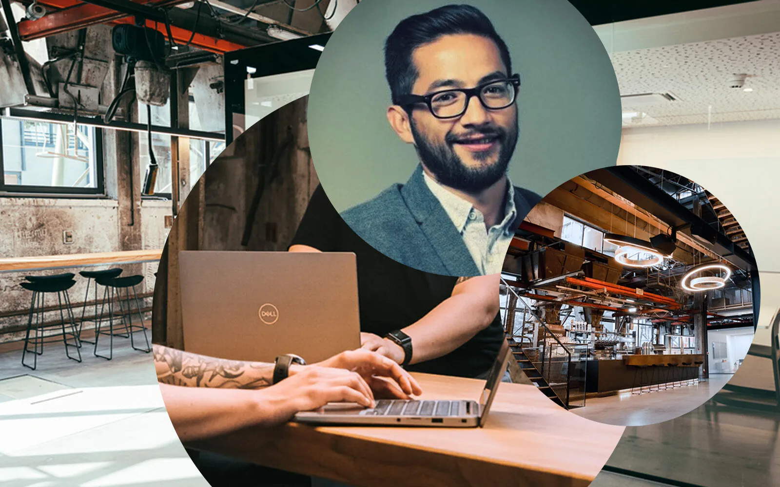 Portrait of Daniel Tiatco, SAP CX Consultant, people typing on laptops and the elements - a valantic company office in Salzburg