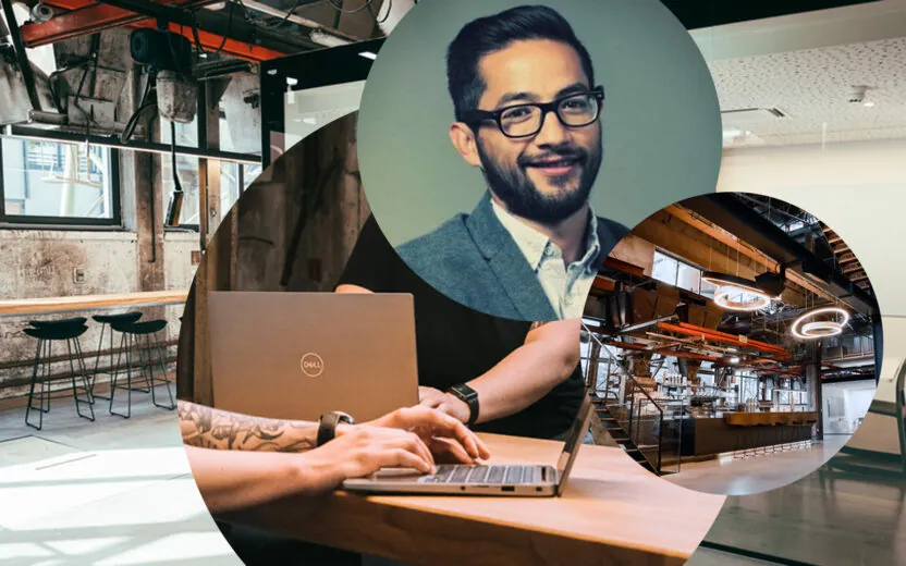 Portrait of Daniel Tiatco, SAP CX Consultant, people typing on laptops and the elements - a valantic company office in Salzburg