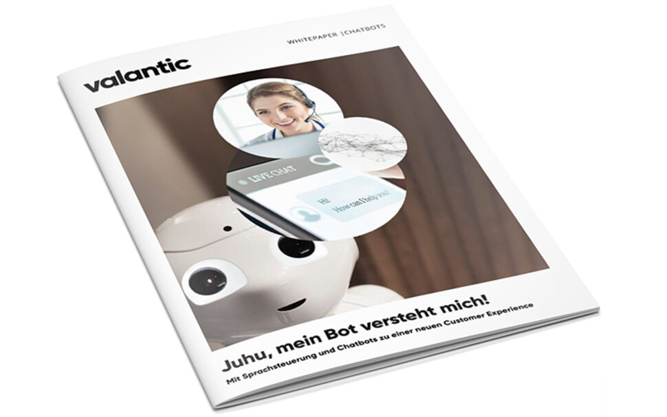 Image of a magazine, valantic whitepaper "Yay, my bot understands me! A new customer experience with voice control and chatbots"