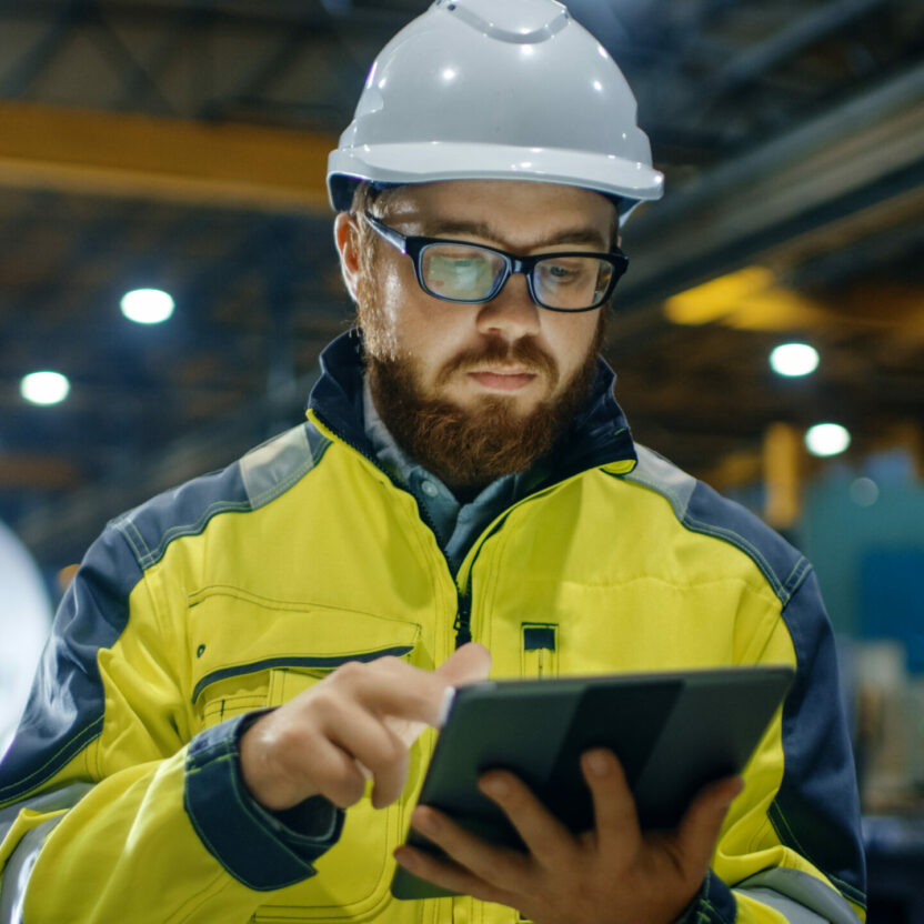 Industrial Engineer in Hard Hat Wearing Safety Jacket Uses Touchscreen Tablet Computer. He Works at the Heavy Industry Manufacturing Factory.