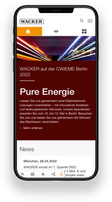 Screenshot der WACKER-Website dargestellt am Smartphone.