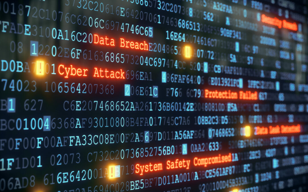 Mehrere Zeilen mit hexadezimalen Codes und rot leuchtende Warnhinweise, Data Breach, Breach Coach, Cyberangriff, IT-Security