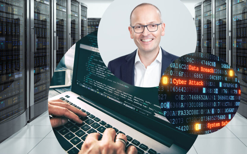 Bild von Thomas Lang, geschäftsführender Partner bei valantic Management Consulting GmbH, Breach Coach und Cybersecurity-Experte, daneben mehrere Zeilen mit hexadezimalen Codes und eine Person, die auf ein Laptop tippt