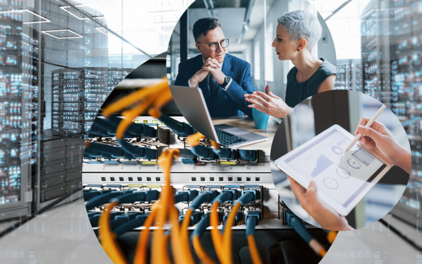 Bild von einem Rechenzentrum und zwei Personen im Gespräch: Mit Process Mining zu erfolgreichen SAP Projekten