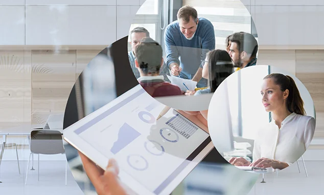 Bild von einer Gruppe von Menschen in einer Besprechung, daneben eine Frau, die auf ihr Computerbildschirm schaut und ein Tablet