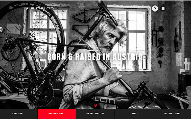 Screenshot der SIMPLON Homepage mit einem älteren Mann in einer Fahrradwerkstatt.