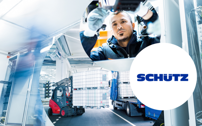 In the background is a man with a laptop in a data center, in the foreground are three circular images with the SCHÜTZ logo, an assembly worker and a forklift | Success Story | SCHÜTZ sets the course for its SAP S/4HANA migration