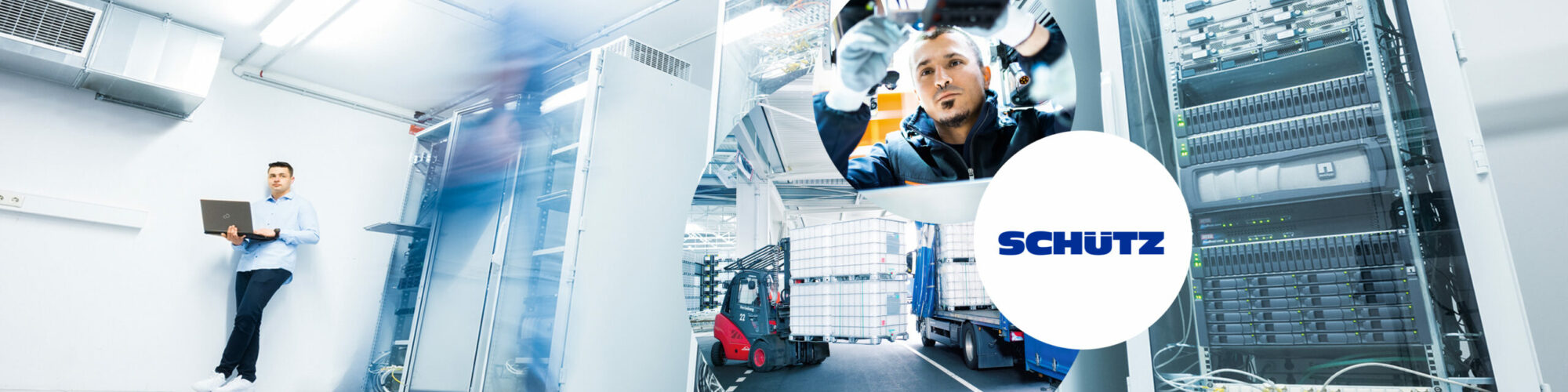 In the background is a man with a laptop in a data center, in the foreground are three circular images with the SCHÜTZ logo, an assembly worker and a forklift | Success Story | SCHÜTZ sets the course for its SAP S/4HANA migration