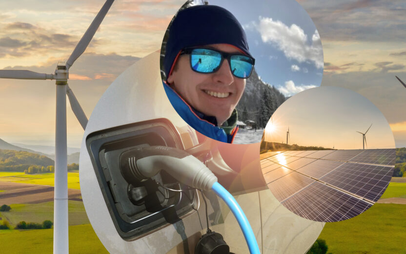 Picture of Philipp Grittner, consultant at valantic in the field of logistics management, in the background a wind turbine and a solar plant, sustainability at valantic and our fundraising campaign with Labdoo