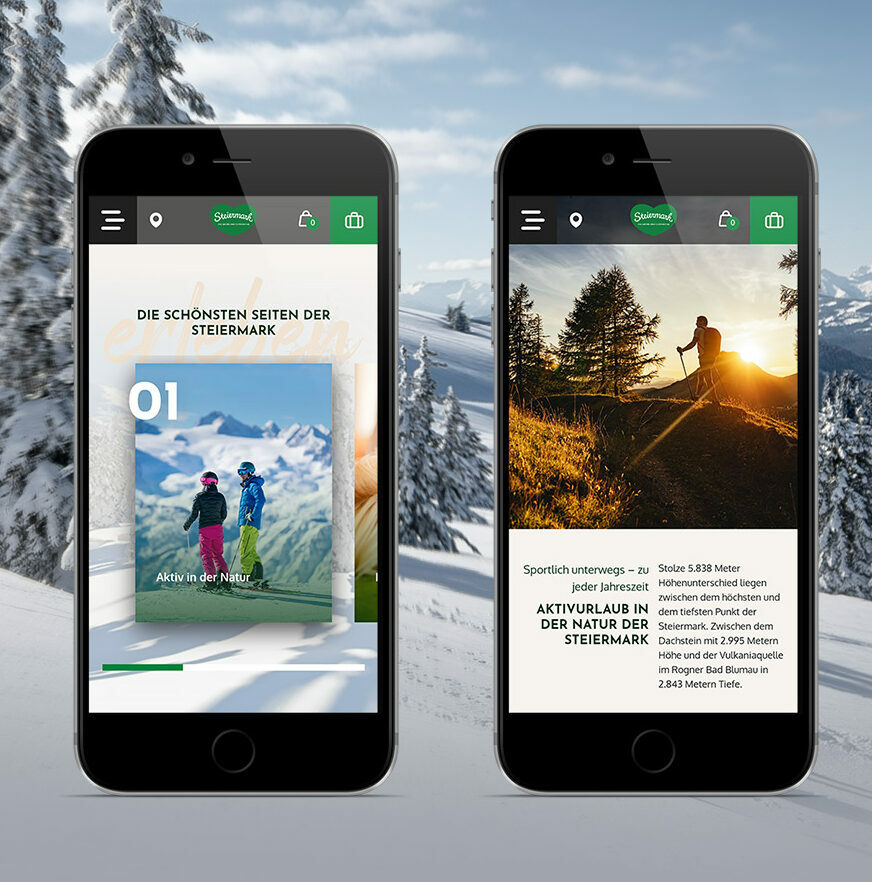 Bild von drei nebeneinanderliegenden Smartphones, die Details der Steiermark-Website zeigen.