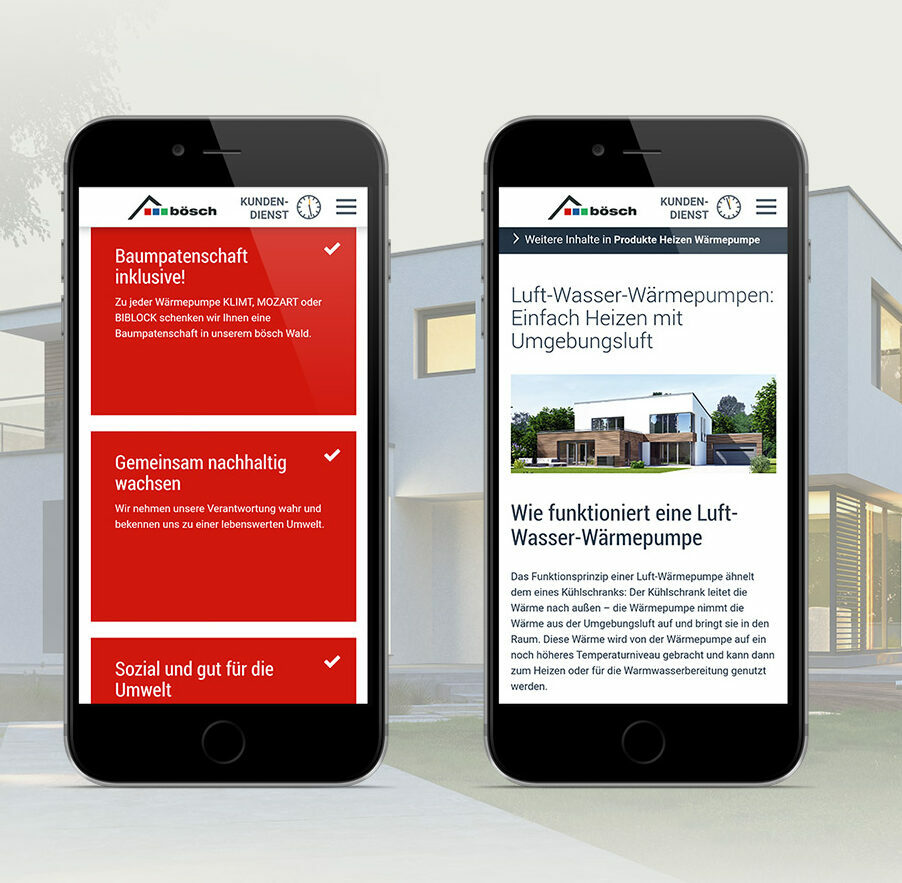Bild von drei nebeneinanderliegenden Smartphones, die Details der bösch-Website zeigen.