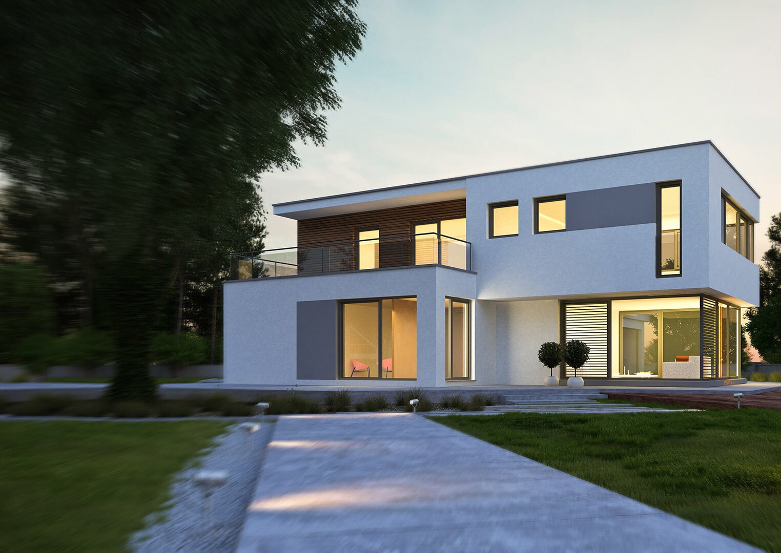 Photo of a modern house in the evening.