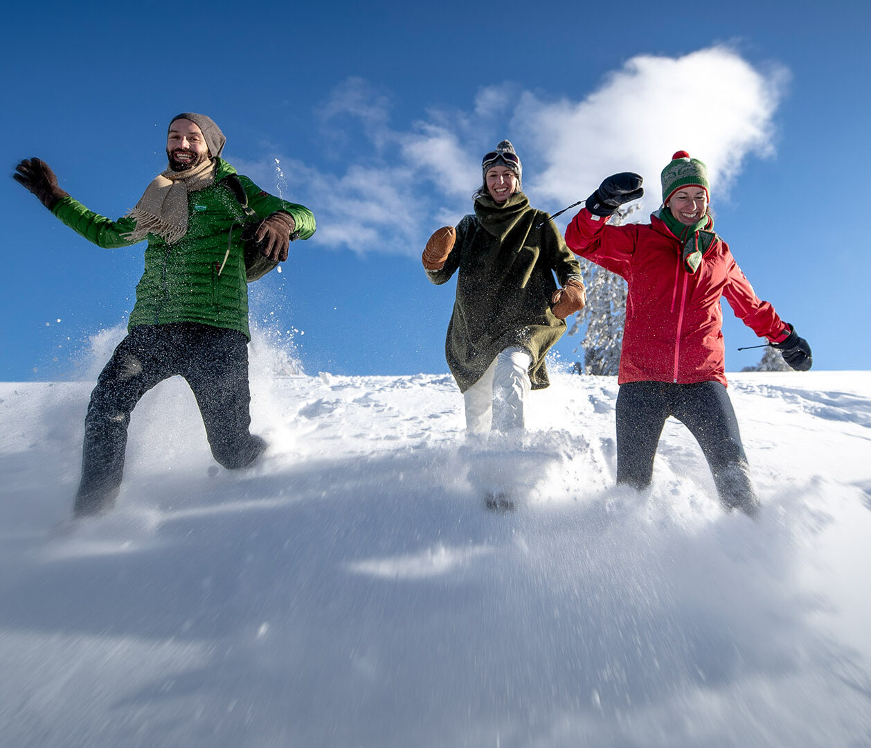 Photo of three friends running down a snowy hill having fun.