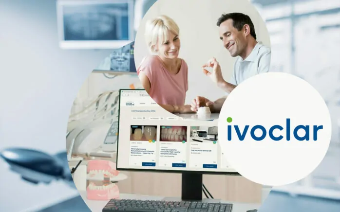 Bild von einer Frau und einem Mann während einer Beratung, daneben eine Zahnarztpraxis mit einem Bildschirm und dem Screen der Ivoclar-Vivadent-Plattform und das ivoclar Logo | Case Study Ivoclar | Pimcore und SAP CDC