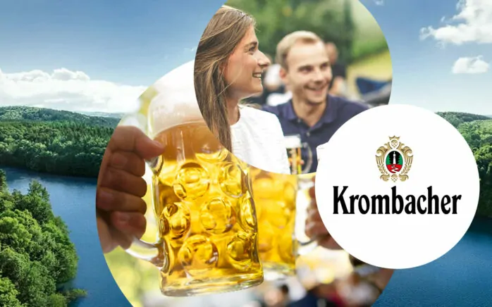 Bild von einer lächelnden Frau und einem Mann mit Bierkrug in der Hand, daneben das Krombacher Logo und zwei gefüllte Bierkrüge, im Hintergrund die Krombacher Landschaft | Case Study Krombacher