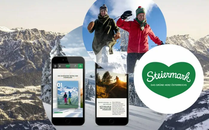 Foto von zwei Frauen, die einen beschneiten Hügel hinunterlaufen und dabei Spaß haben, daneben zwei nebeneinanderliegende Smartphones, die Details der Steiermark-Website zeigen | Case Study Steiermark