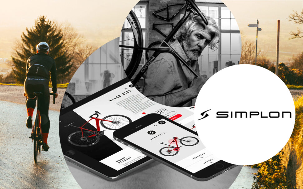 Image of an elderly man in a bicycle repair shop shouldering a SIMPON bicycle, with the Simplon logo next to it and a tablet and smartphone showing the new Simplon bicycle manufacturer website | Case Study Simplon