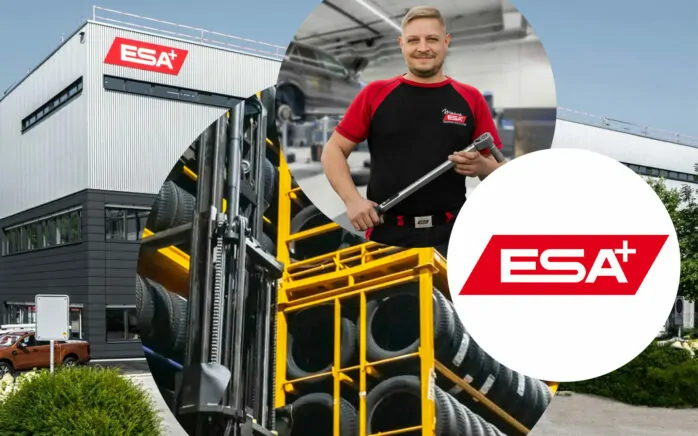 Picture of an ESA employee holding a tool in his hands. next to him a forklift operator sizing car tires in racks and the ESA logo | Case Study ESA | automated E2E tests