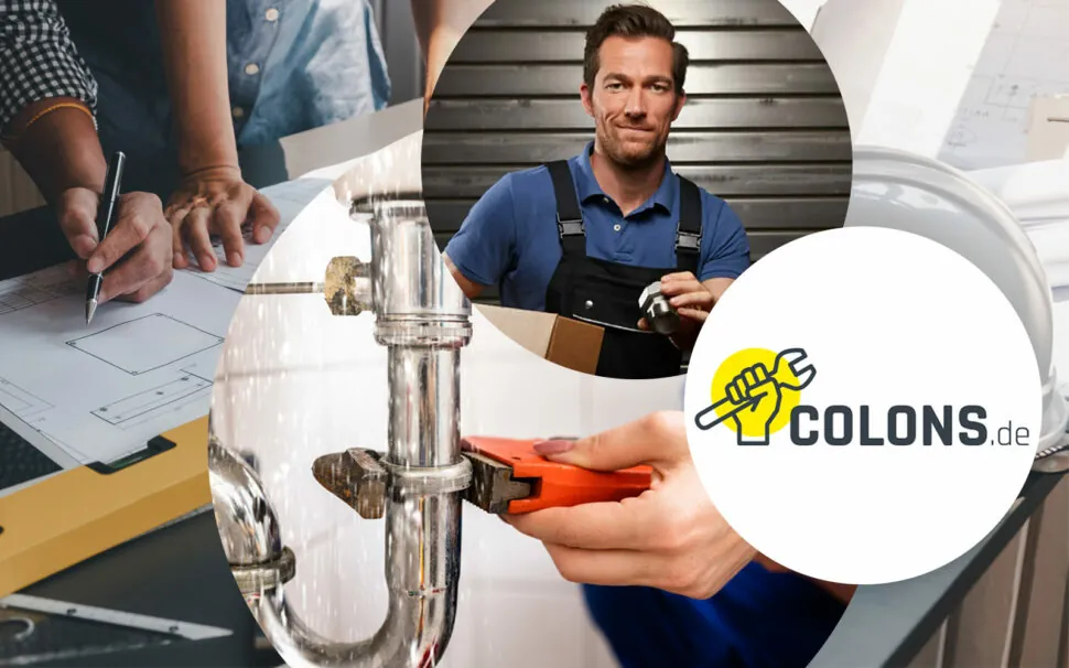 Image of a Colons handyman, next to him a plumber fixing a water leak and the Colons logo, in the background architects and engineers with a pen working on blueprints with safety equipment in the office | Case Study Colons | Spryker System