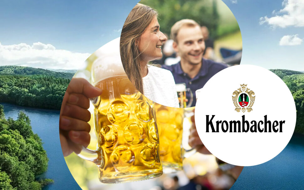 Picture of a smiling woman and a man holding a beer mug, next to it the Krombacher logo and two filled beer mugs, in the background the Krombacher landscape | Case Study Krombacher