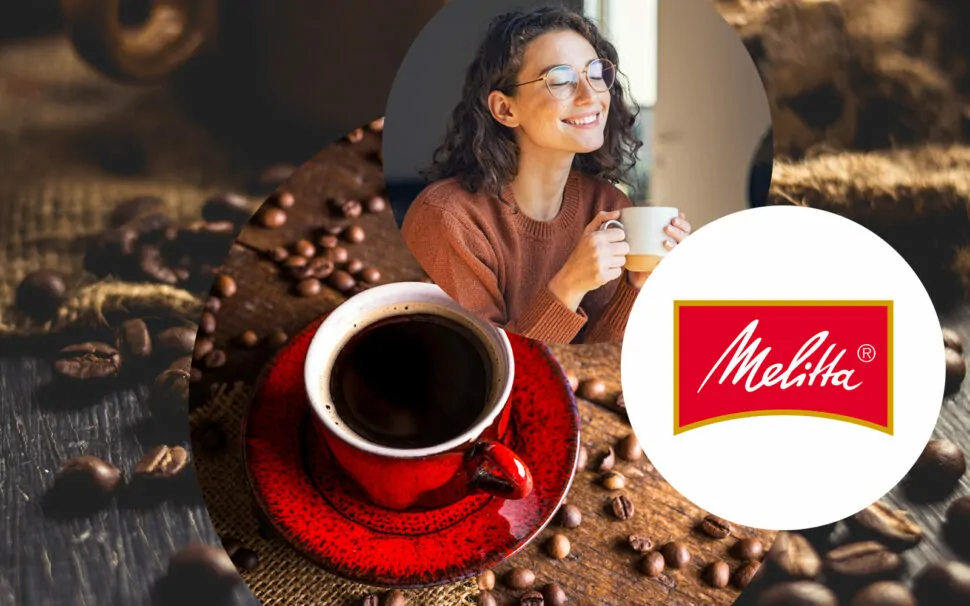 Picture of a smiling young woman holding a cup in her hand, next to it the Melitta logo and a red cup of coffee, in the background coffee beans | Case Study Melitta | eCommerce
