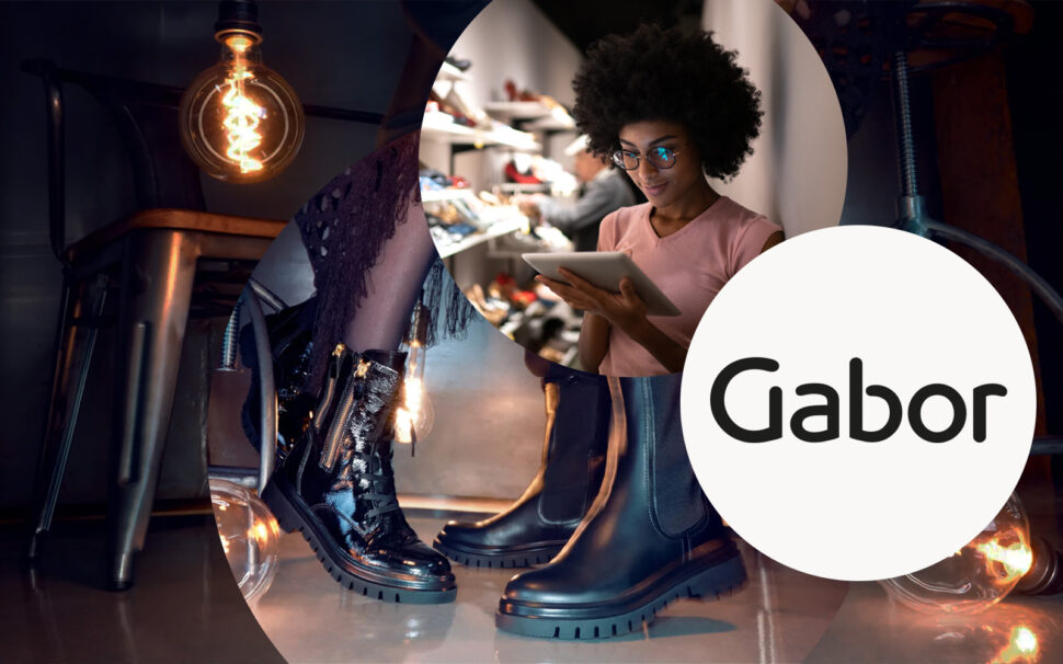 Picture of a young woman with tablet in her hand, next to it Gabor shoes and the Gabor logo | Case Study Gabor | Pimcore