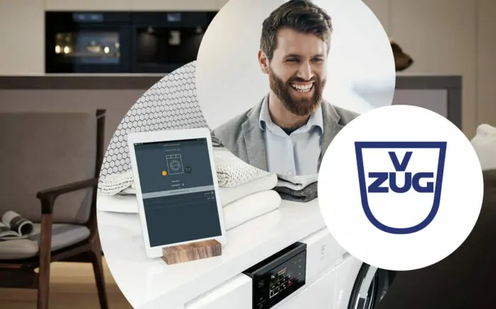 Picture of a smiling young man, next to it a kitchen with tablet in foreground and the V-Zug logo | Case Study V-Zug | SAP CDC