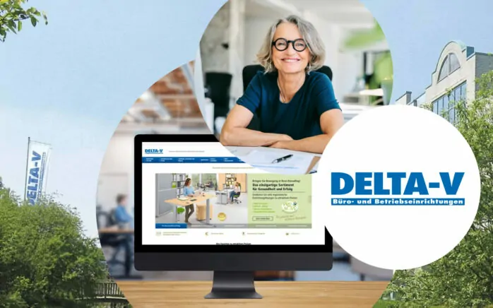 Bild von einer lächelnden Frau, daneben das DELTA-V Logo und ein Mockup der Startseite | Case Study DELTA-V
