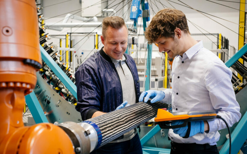 Employees of SGL Carbon checking carbon fibers