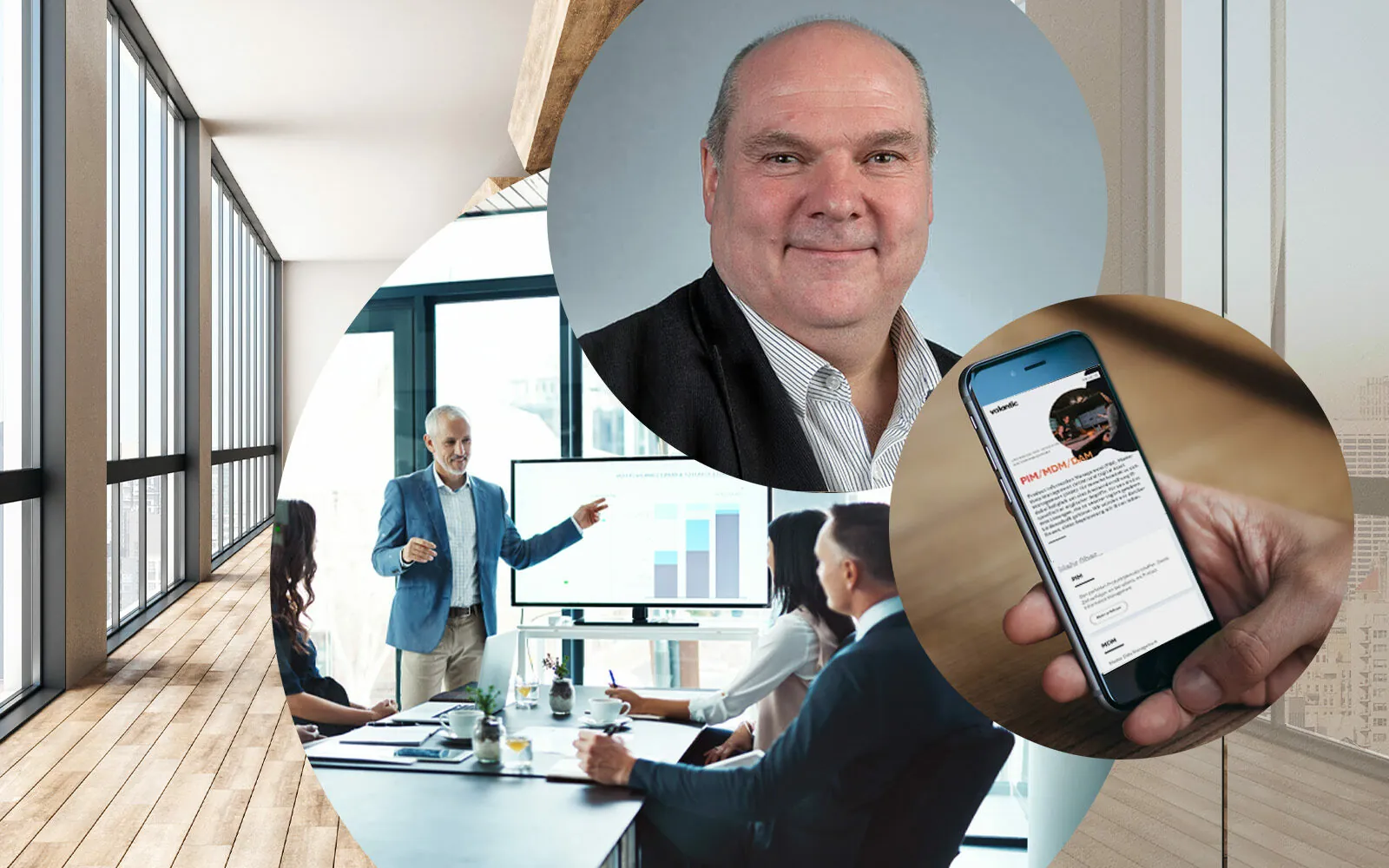 Bild von Horst Huber, daneben Personen in einer Besprechung und ein Smartphone, auf dem die valantic PIM Seite geöffnet ist, Wie kann Database Publishing den ROI eines PIM-Prozesses erhöhen