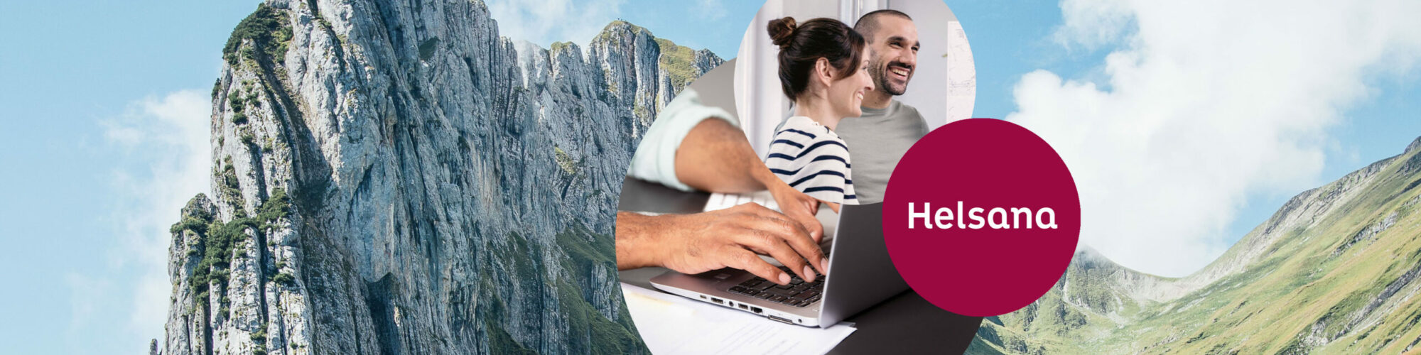 Titelbild der Helsana Success Story zur Portfoliosteuerung mit Bergen im Hintergrund und im Vordergrund das Helsana Logo, zwei lachende Menschen und ein Laptop