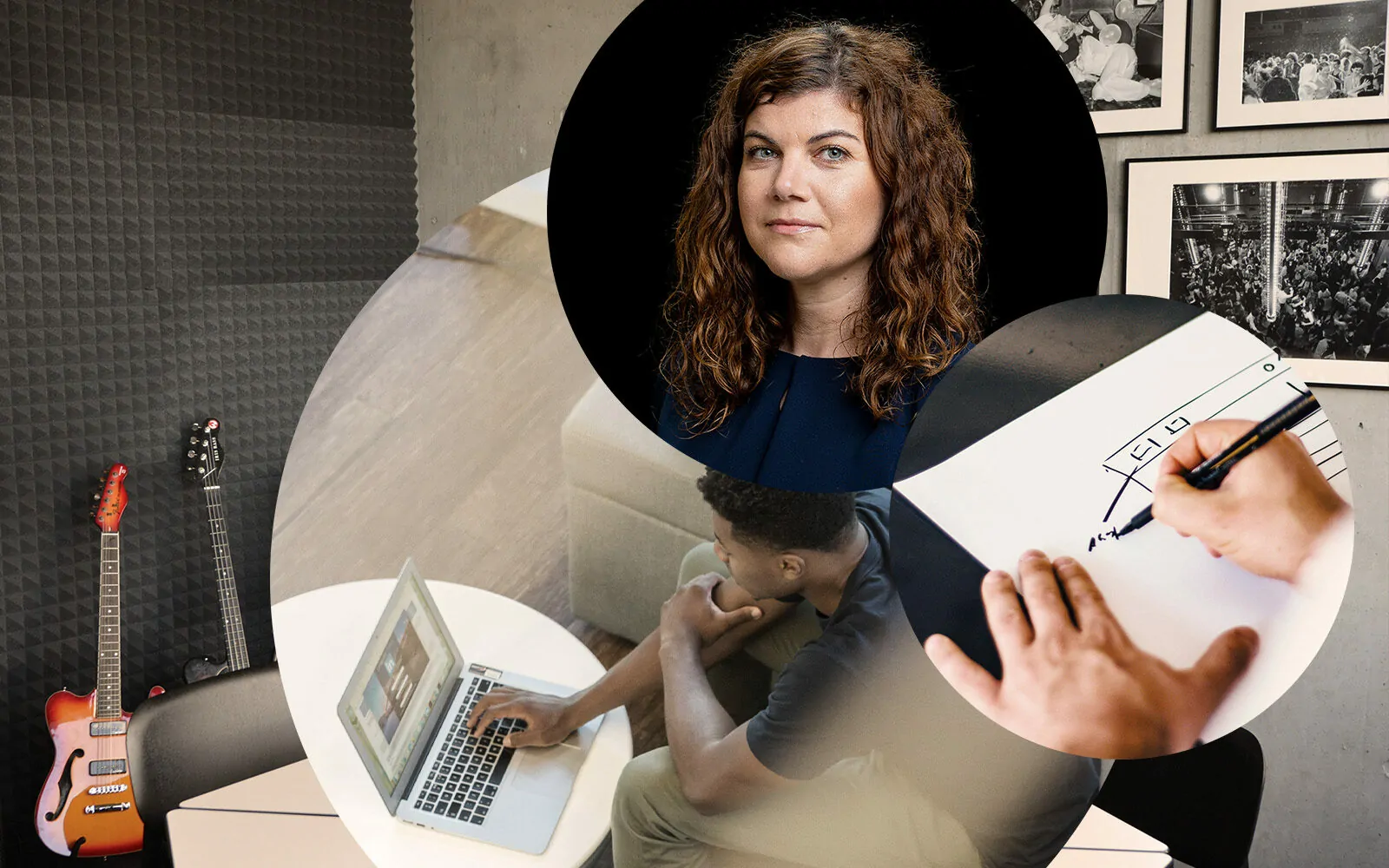 Bild von Elena Gocheva, Director of UX Strategy bei valantic, daneben eine Person, die auf ein Laptop tippt, eine Person, die etwas zeichnet | User Testing: Besser vor Ort oder remote?