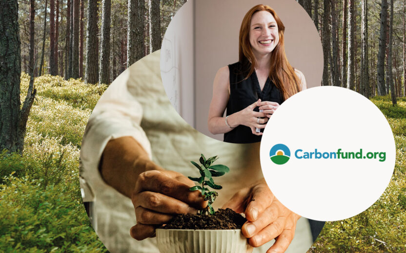Picture of a smiling woman, next to it the Carbonfund.org logo and a person potting a plant | The way to green - valantic supports reforestation projects at Carbonfund.org