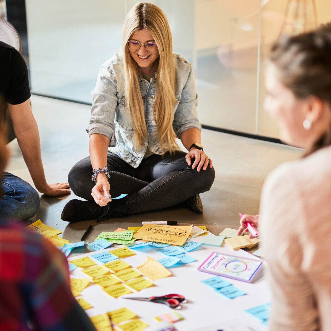 Photo of a blonde young woman sitting cross-legged on the floor and sticking Post-its on a large poster.