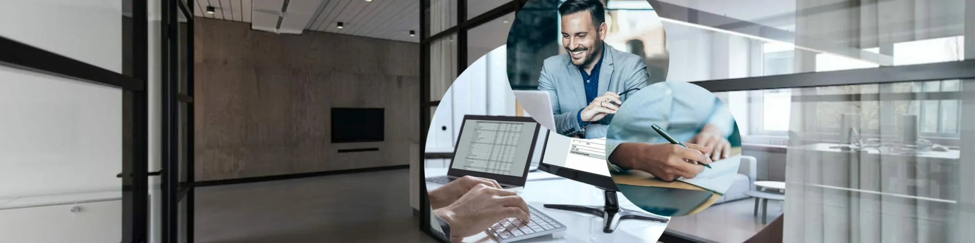 Bild von einem Mann, der auf einen Bildschirm schaut, daneben tippende Hände und eine Person mit Stift in der Hand | UID-Nummern automatisiert in SAP prüfen