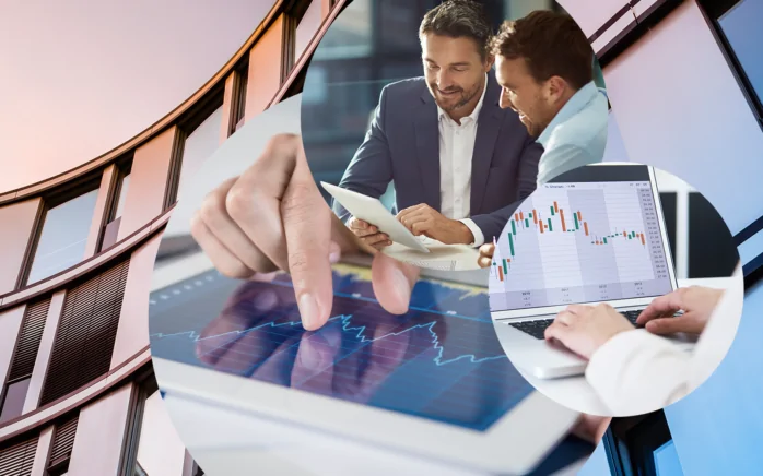 In the background high-rise facade, in the foreground three circles with pictures of smiling business people looking at tablet & two screens with financial histories | Investment Management in SAP