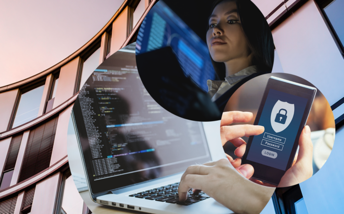 In the background, high-rise building facade, in the foreground three circles with pictures of businesswoman in front of tablet, secure login page on phone screen, laptop desktop with codes | data protection management in SAP