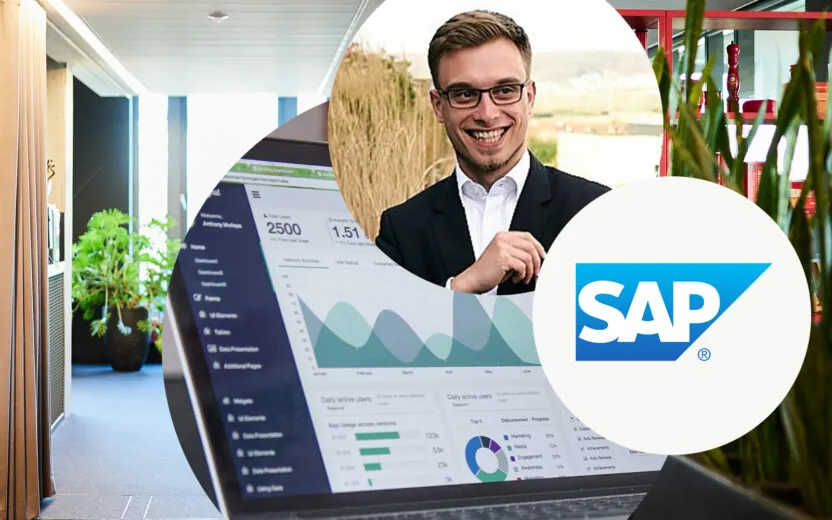 Bild von Sascha Ulbrich, SAP CX Solutions Architect and Data Scientist bei valantic, daneben das SAP Logo und ein Laptop | Fünf Fragen an einen MarTech Architekt Consultant zur SAP CDP