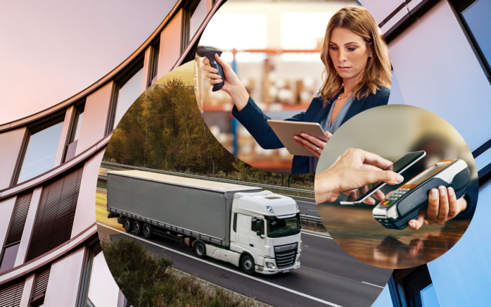 In the background, high-rise building facade, in the foreground, three circles with images of contactless payment, image with tablet and scanner in storage room, truck on road | Digital purchasing file in SAP