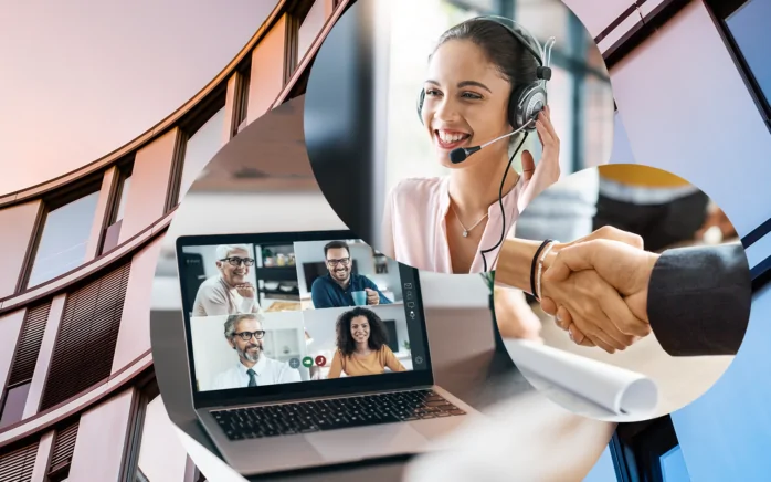 In the background skyscraper facade, in the foreground three circles with pictures of business woman on the phone, screen with meeting, handshake | Digital customer file in SAP