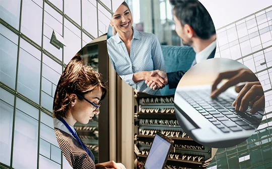 Bild von zwei Personen, die sich die Hände geben, daneben eine Frau mit Laptop im Serverraum und eine Person, die auf ein Laptop tippt, valantic SAP Application Management Services (AMS)