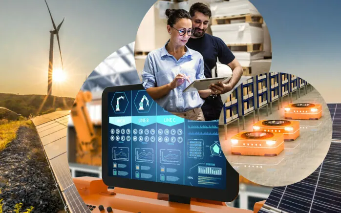 Bild von zwei Personen, die auf ein Tablet schauen, daneben Roboter und ein Bildschirm | Die zehn wichtigsten IT-Trends 2023