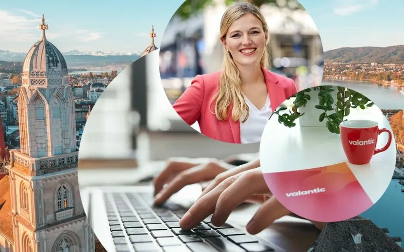 In the background a picture of Zurich, in the foreground three circles with a portrait of Mareile Eckart, a valantic cup and hands typing on a laptop