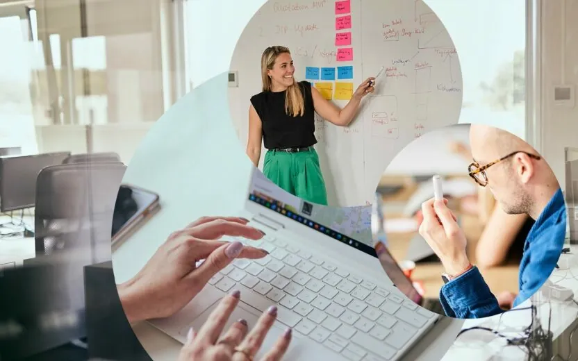 Triad with an office in the background and three circles with hands typing on a laptop, a woman standing at a whiteboard and a man sitting at a desk; Real-time data transmission and CDP