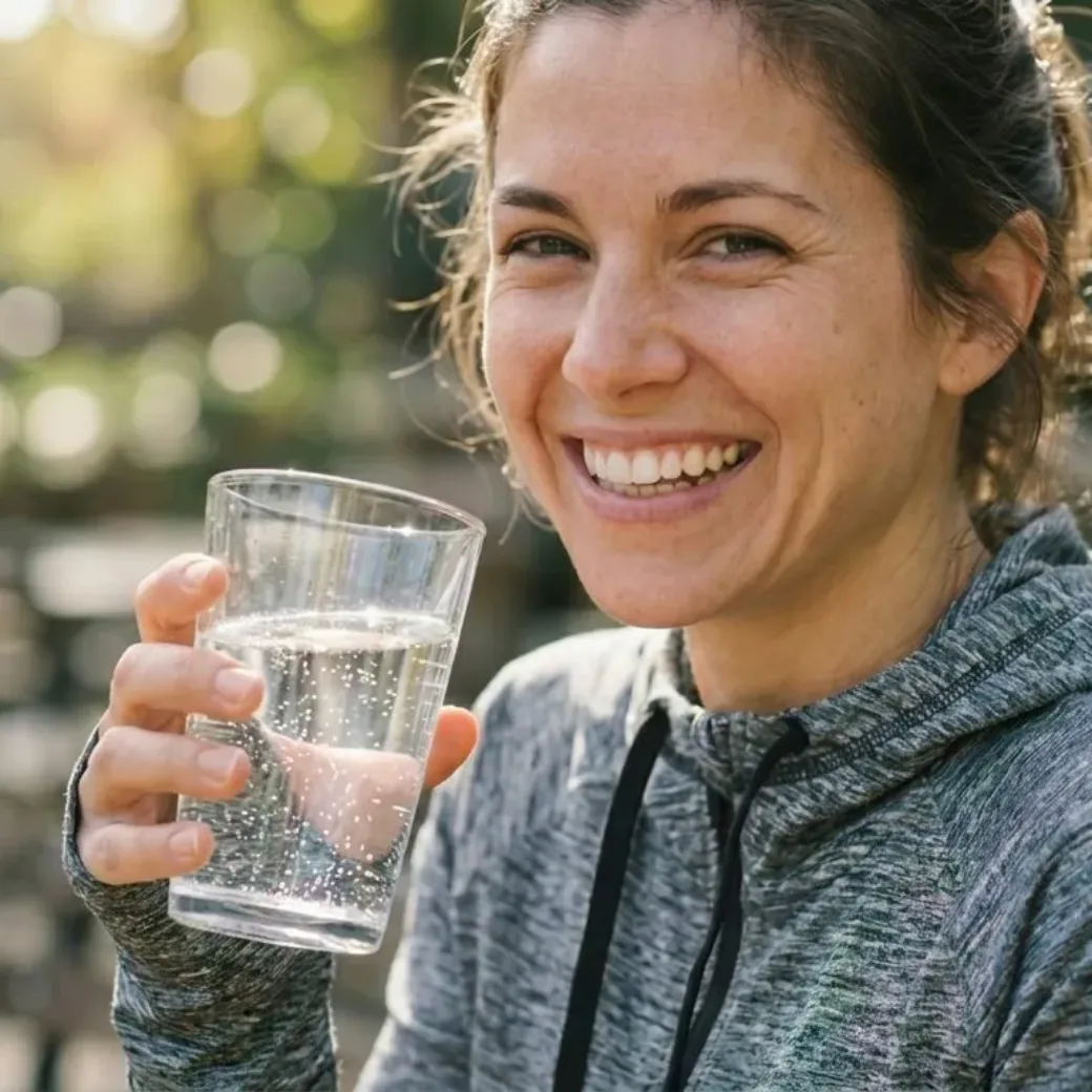 A smiling woman drinks a glass of Gerolsteiner mineral water (AI-generated)