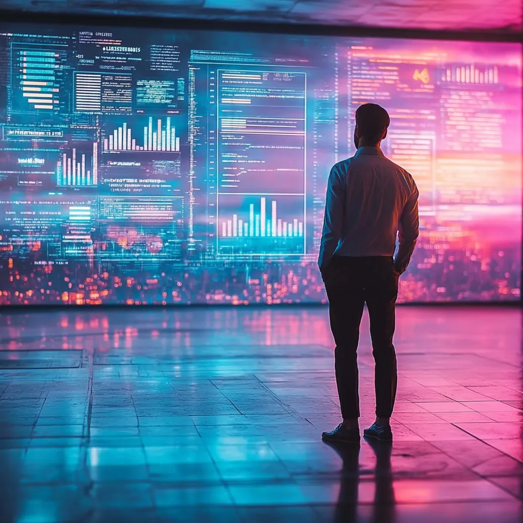 AI-generiertes Bild eines Mannes, der vor einer bunten Wand steht