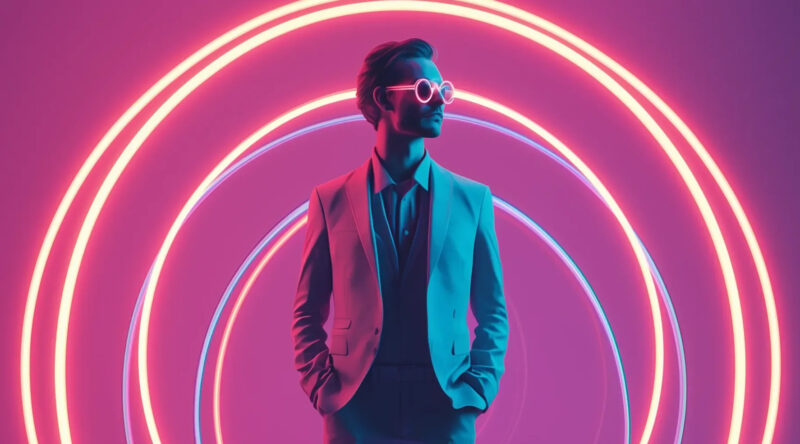 Eine Person im Anzug und mit Sonnenbrille steht mit den Händen in den Taschen vor leuchtenden Neonringen auf einem pinkfarbenen und violetten Hintergrund, der an das selbstbewusste Auftreten einer agentenbasierten KI erinnert.